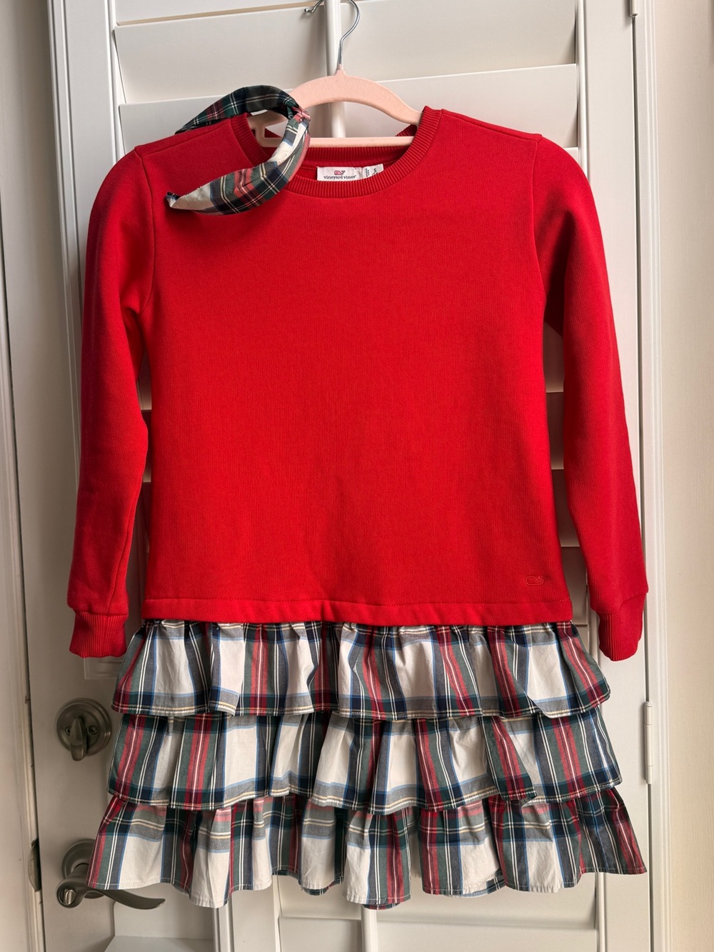 Vineyard Vines Girls Sweatshirt Dress w/ Plaid Tiered Skirt & Matching Headband